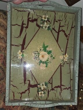 Vintage Dolce Mia Green Floral Crackle Serving Tray